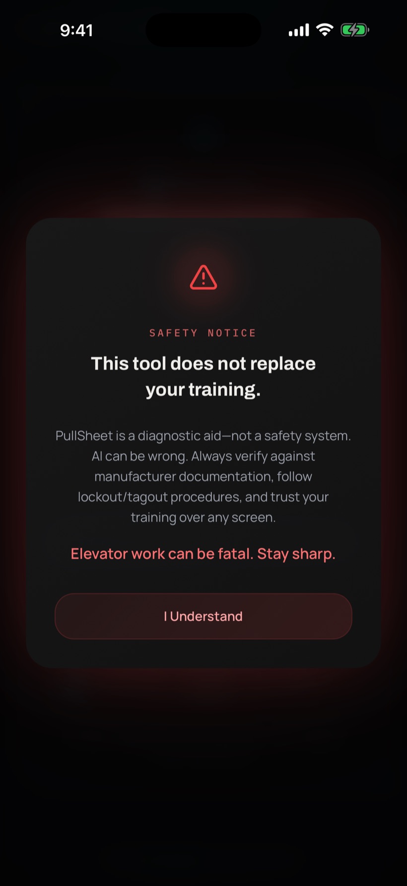 PullSheet safety notice acknowledgement screen