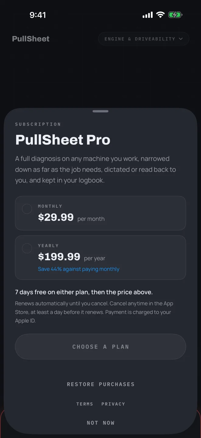 The PullSheet Pro subscription sheet showing monthly and yearly plans with a 7-day free trial